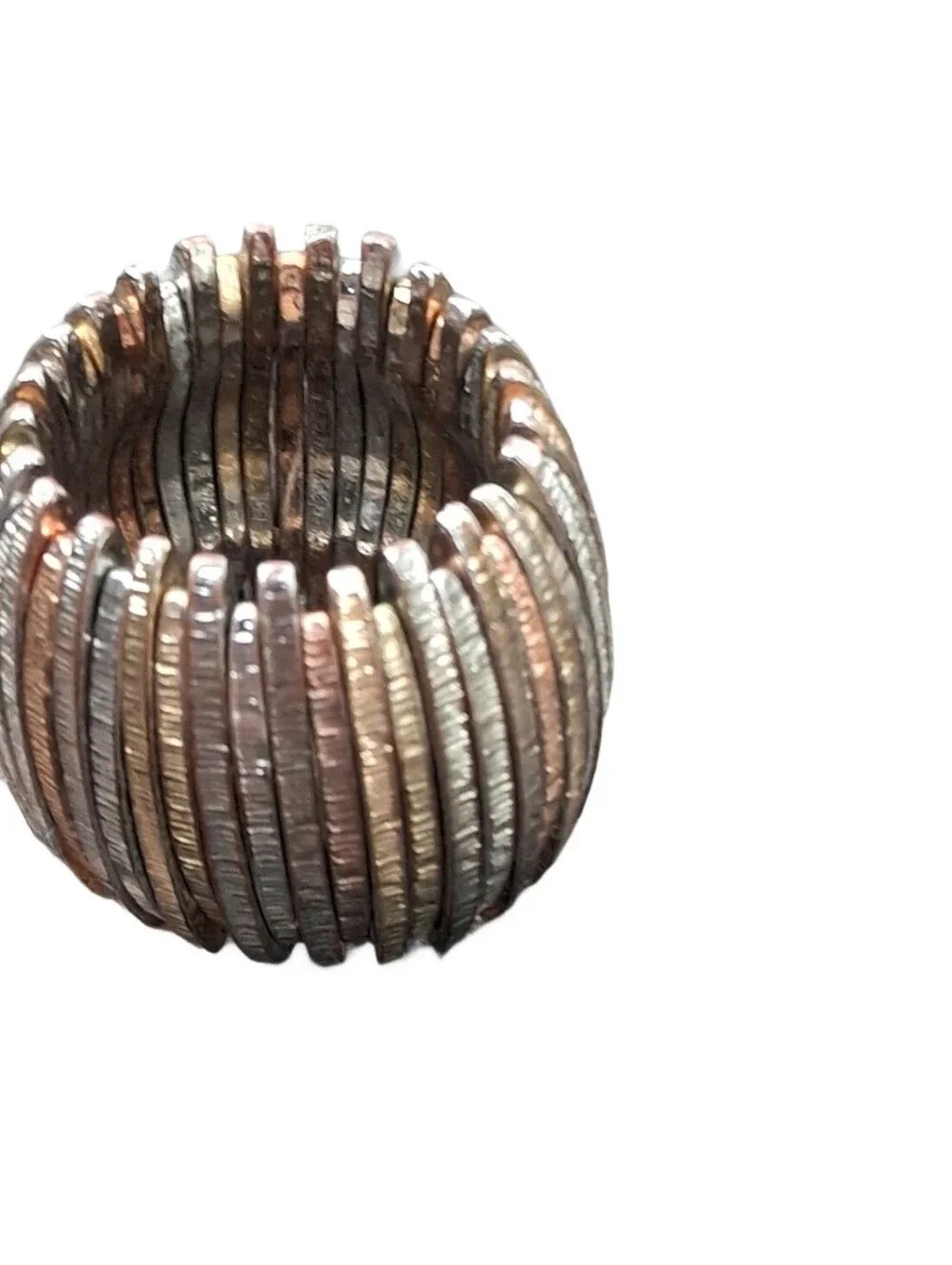 Tri Tone Mixed Metal Stretch Ring Wide Textured Ribbed Segment Statement Band